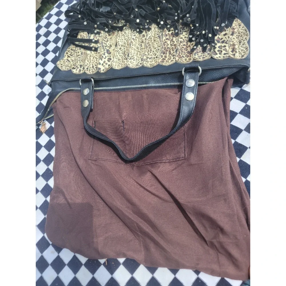 Black‎ Leopard Feather Fringe Hobo Shoulder Bag Boho Faux Leather Tote
